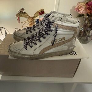 Golden Goose White High-Top Sneakers with Beige Trim